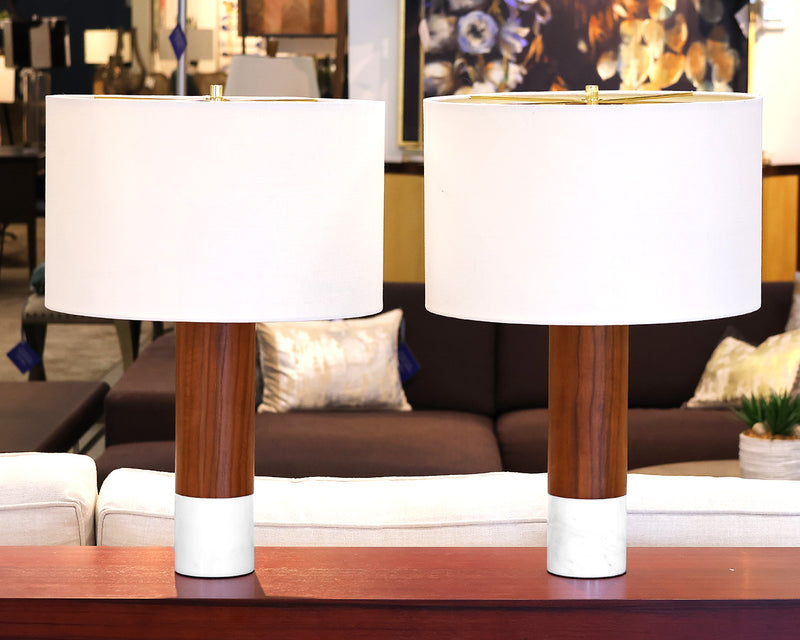 Pair of Walnut & White Marble Base Table Lamps