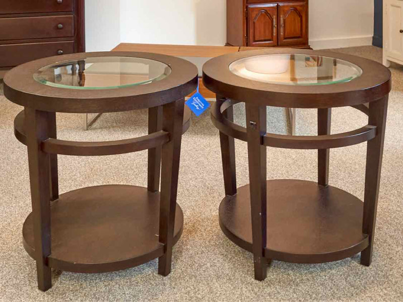 Pair of Round Glass Top Side Tables in Espresso