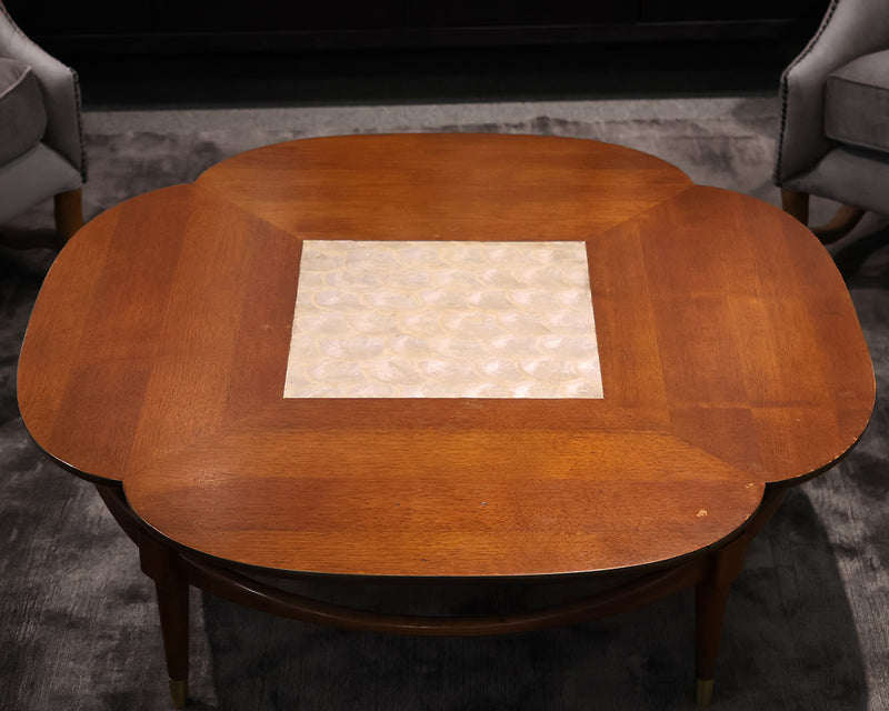 Mid-Century Modern Clover Cocktail Table with Mother of Pearl Inlaid Center