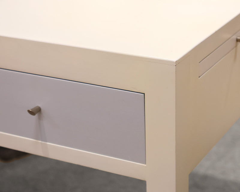 Pair of Custom Bedside Tables in Off-White with Pale Blue Drawerfronts