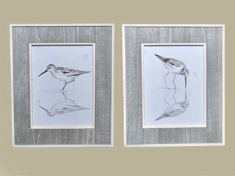 Pair Of 'Sandpiper Reflections'  Watercolor Print Framed In Driftwood Finish