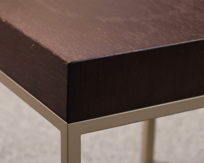 Pair of B&B MaxAlto side tables. Dark walnut finish on brushed silver legs