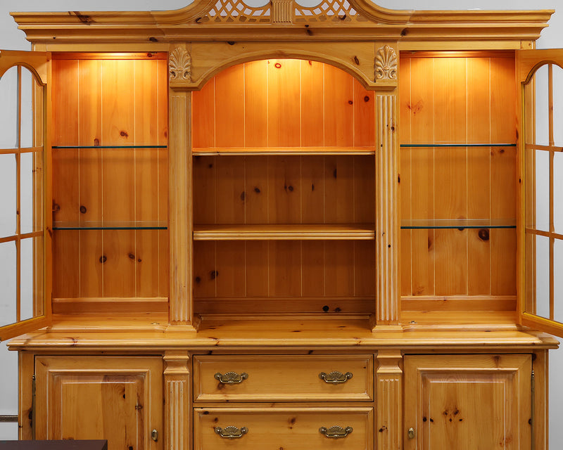 Cabinet and Hutch in Blond Pine w/6 Drawers/2 Doors/2 Glass Doors.