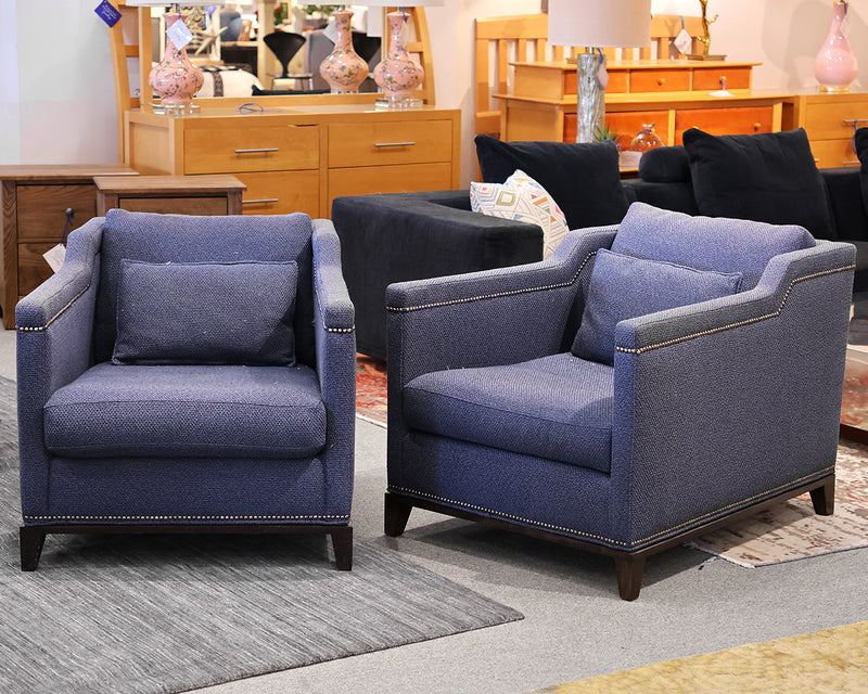 Michael Weiss for Vanguard Pair of Chairs in Blue Herringbone Fabric.