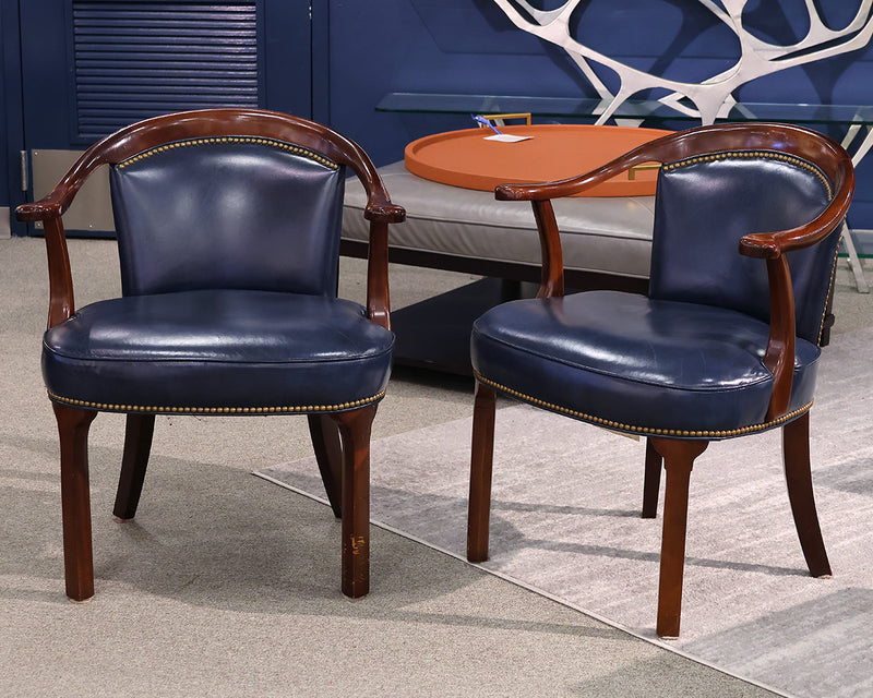 Pair of Cabot Wren Blue Leather Arm Office Chairs with Nailhead Trim