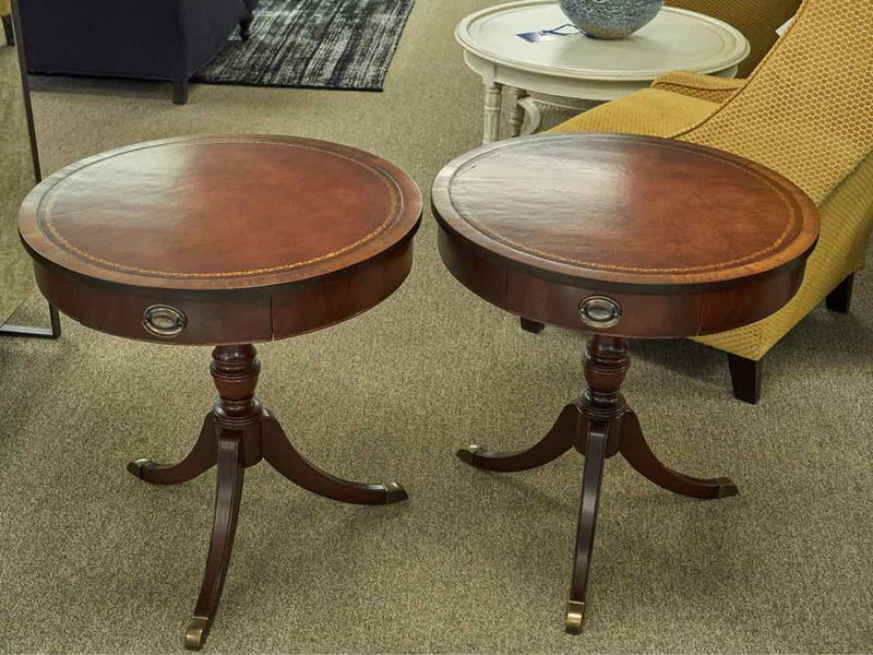 Pair of Solid Mahogany Leather Tooled Accent Tables