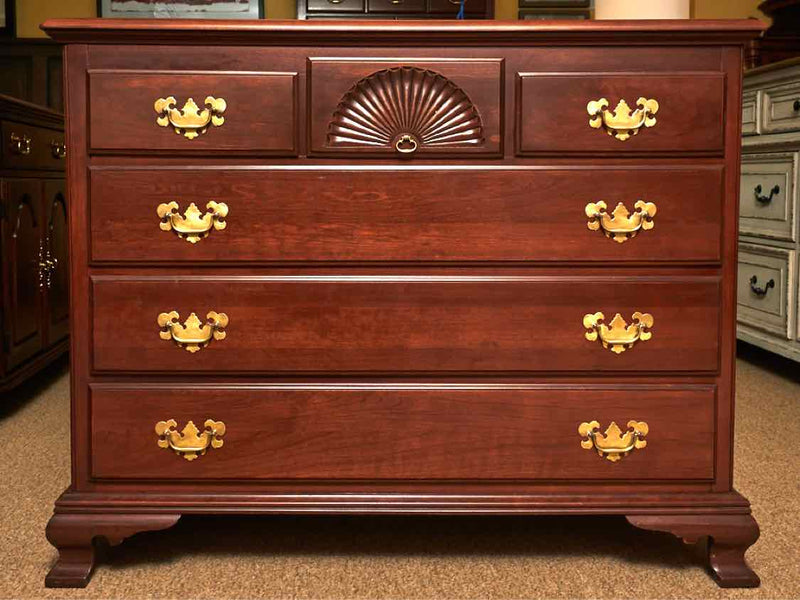 Solid Cherry 3 Over 3 Drawer Chest with Carved Fan Accent