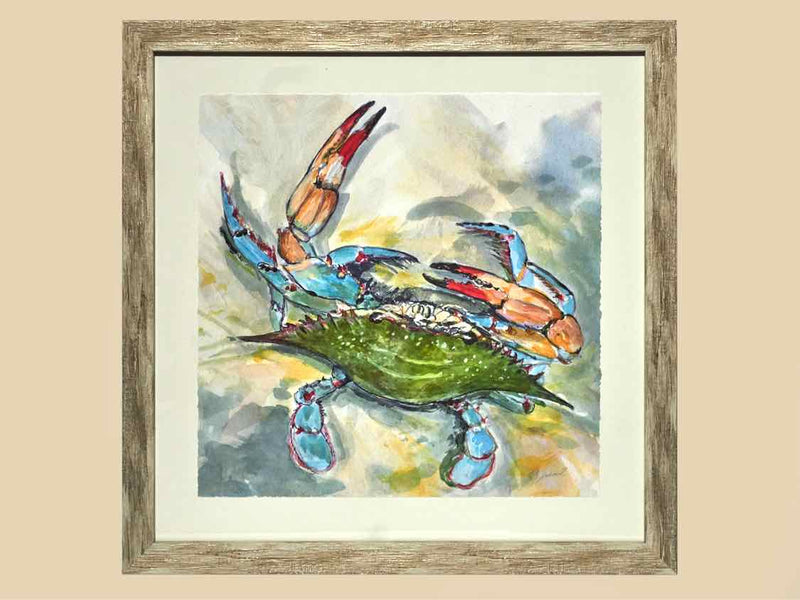 'Happy Crab 1' Blue Crab Giclee in Silver Frame