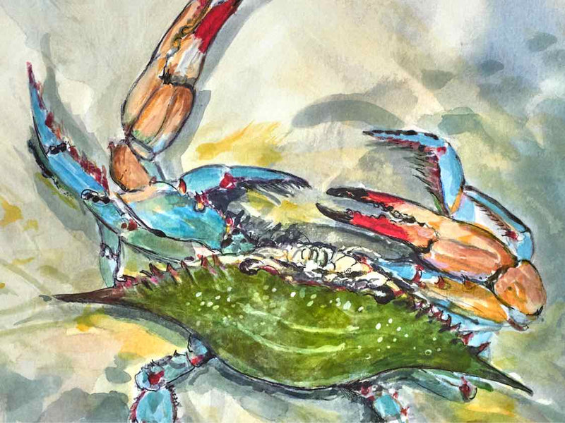 'Happy Crab 1' Blue Crab Giclee in Silver Frame