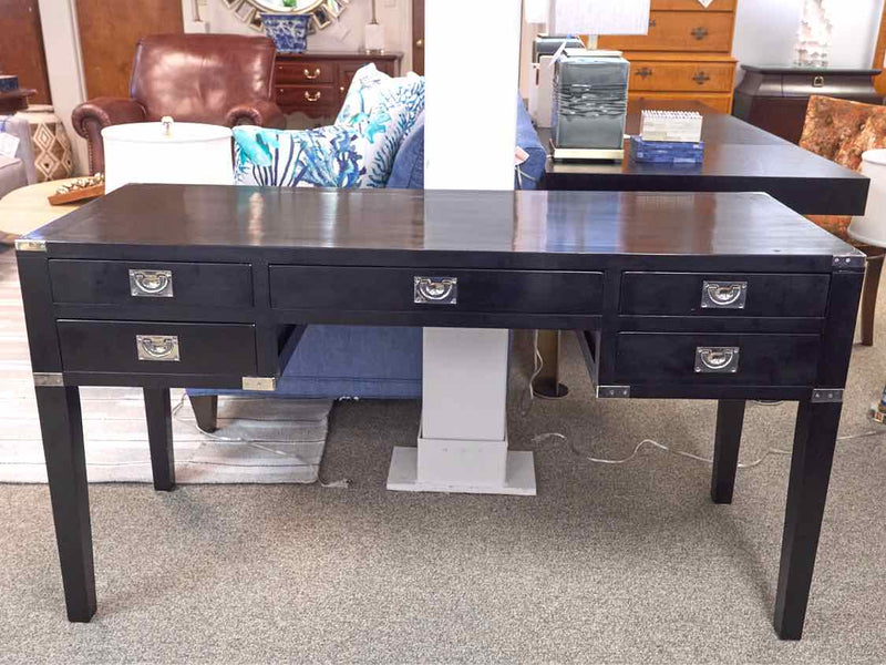 Black Campaign Style Desk with 5 Drawer Desk  with Chrome Accents