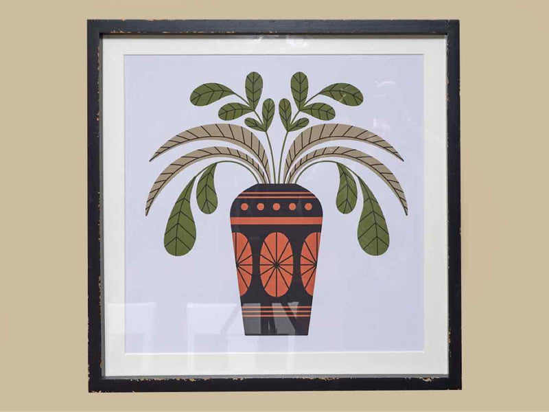 Distressed Black Framed Foliage In Vase Print Under Glass