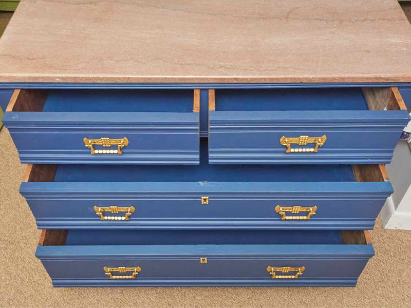 Pink Granite Top 'Delphinium Blue' 4 Drawer Solid Brass Handles Chest