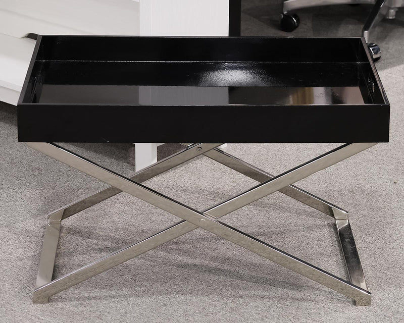 West Elm Black Lacquered Tray Top Cocktail Table with Chrome Base