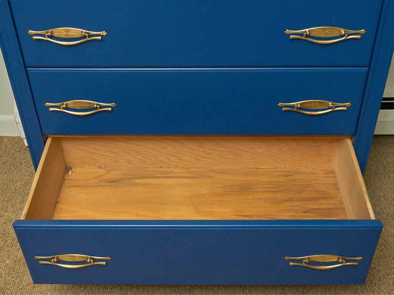 ''Royal  Blue' Finish 5 Drawer Brass Handles Chest