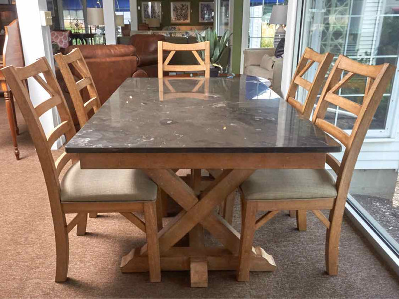 Beachwood Trestle Table Black Quartz Top  & 6   Chair Set