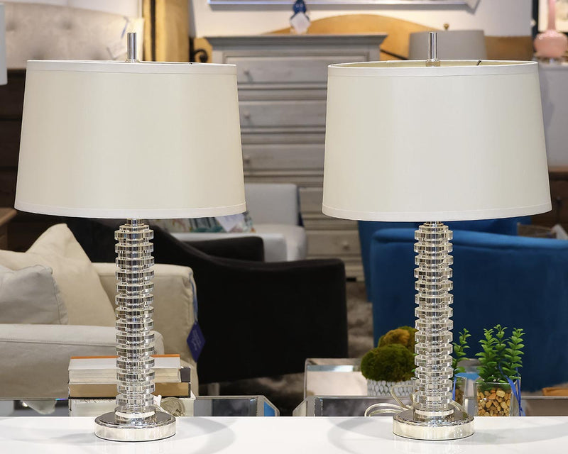 Pair of Lucite Table Lampa on Polished Chrome Base with Cream Drum Shade