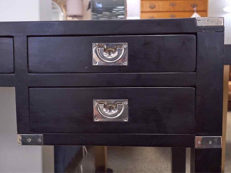 Black Campaign Style Desk with 5 Drawer Desk  with Chrome Accents