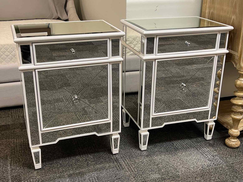 Pair of Mirrored White Nightstands