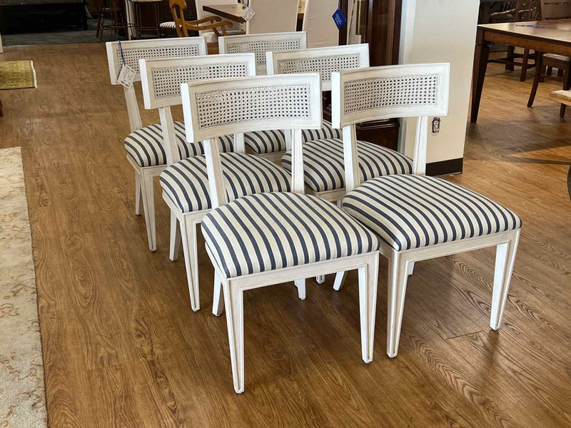 Set of 6 Blue and White Dining Chairs w/ Caned Backs