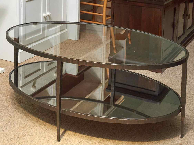 Crate & Barrel 'Clairmont' Oval Glass Top Forged Metal Cocktail Table