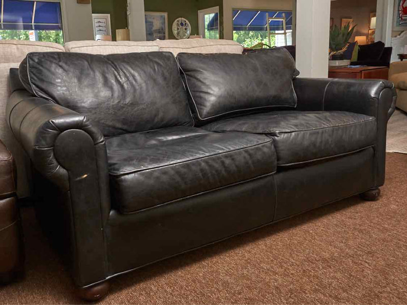 RH Black Leather 2 Cushion Sofa with Rolled Sock Arms