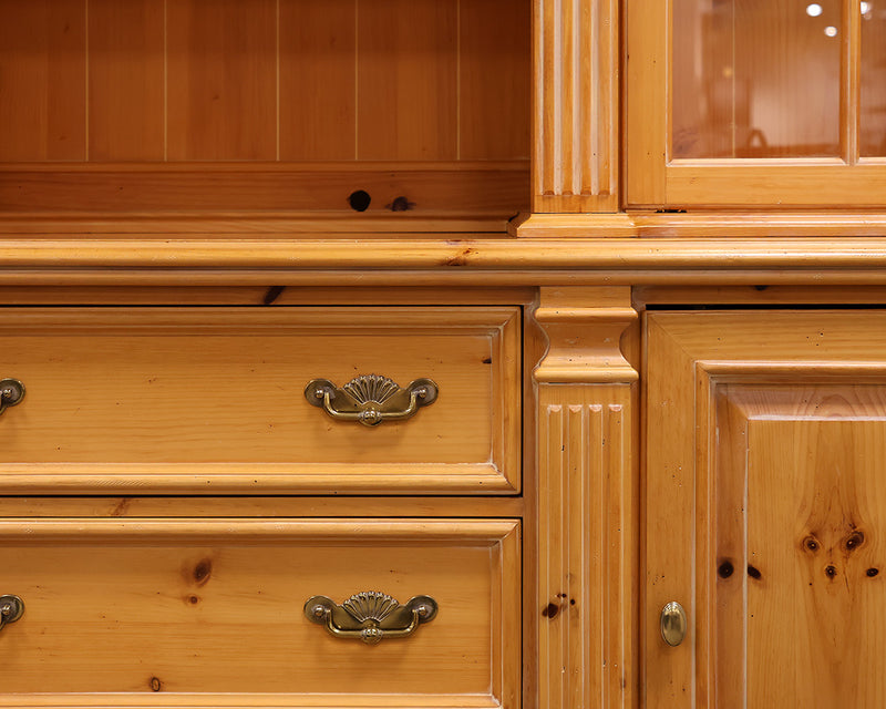 Cabinet and Hutch in Blond Pine w/6 Drawers/2 Doors/2 Glass Doors.