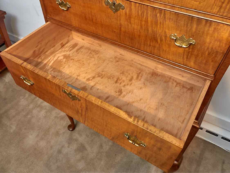 Reproduction Tiger Maple 8 Drawer Brass Handles  Highboy Chest