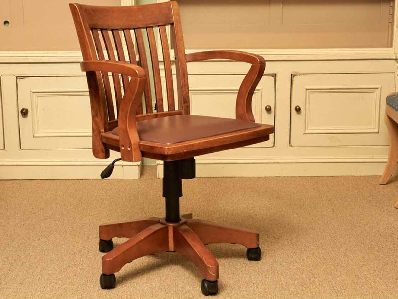 Cherry Finish Slat Back Arm Office Chair On Casters