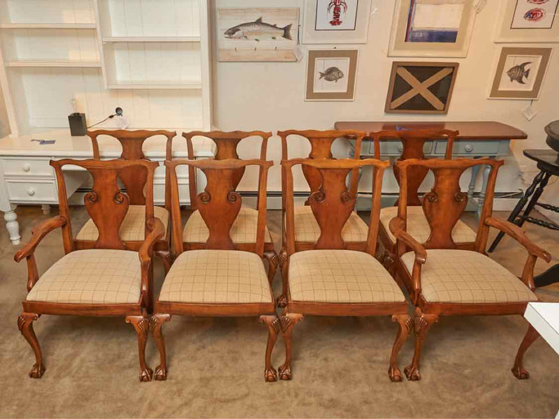 Set Of 8 Heneredon RL  Mahogany Dining Chairs With Mocha Latte  Plaid Upholstery