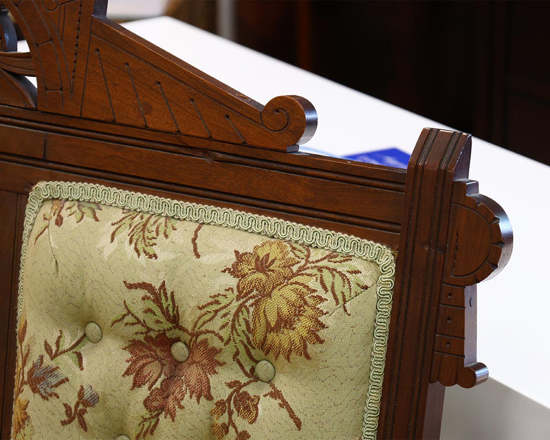 Eastlake Carved Mahogany Loveseat with Sage & Rust Floral Upholstery