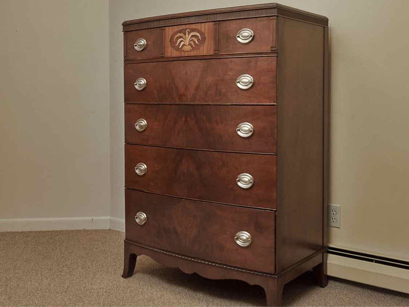 Walnut 5 Drawer With Brass Handles & Inlay Feather Accent  Chest