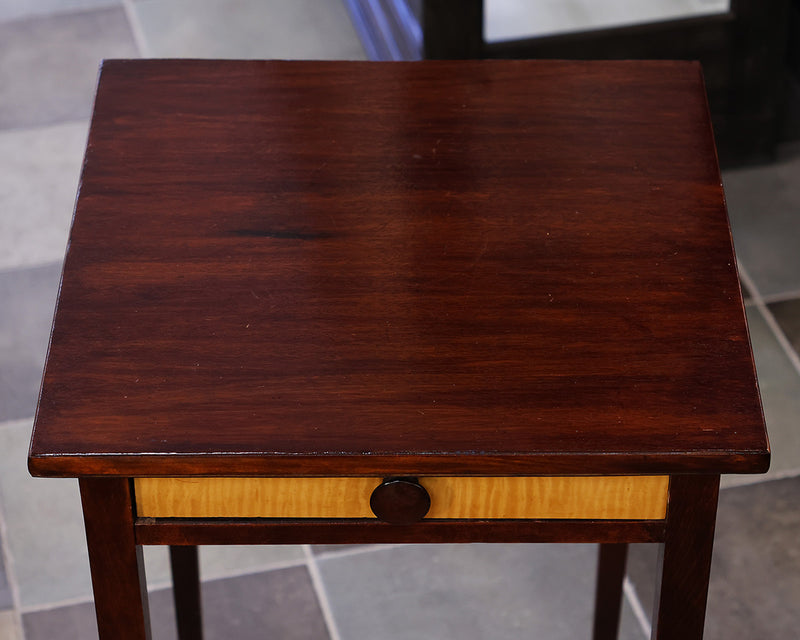 Brown Mahogany Side Table with Tiger Maple Inlay on Drawer Front