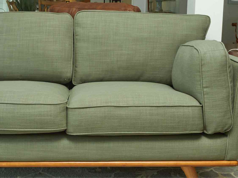 'Timber' Sea Turf Green 3 Cushion Upholstered  Sofa with Maple Wood Trim