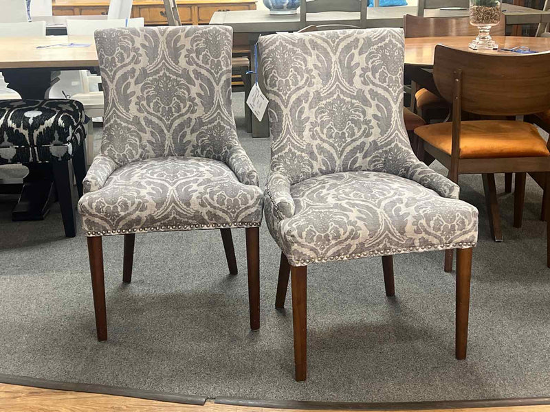 Pair of Grey Floral Host and Hostess Dining Chairs