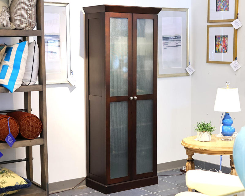 Tall Espresso Finish Storage Cabinet with Frosted Glass Doors and Nickel Pulls