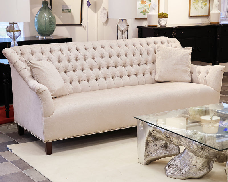 Arhaus Sofa in Taupe Chenille. Tight Seat w/Tufted Back/ Legs in Espresso