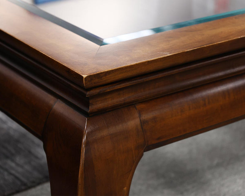 Asian Cocktail Table in Wood with Beveled Glass Paneled Top