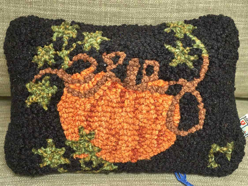 Pumpkin On Black Background Wool Hooked Accent Pillow