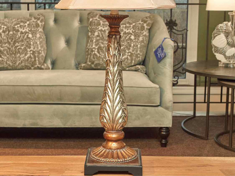 Pair Of Silver & Bronze Finish Beige Silk Shades Table Lamps