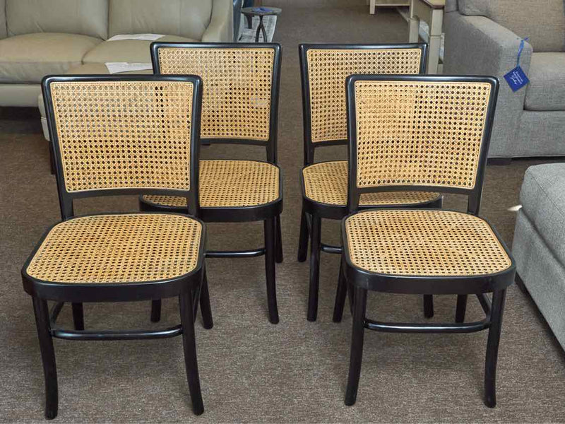 Set Of 4 Black Finish With Cained Seats & Back Dining Chairs