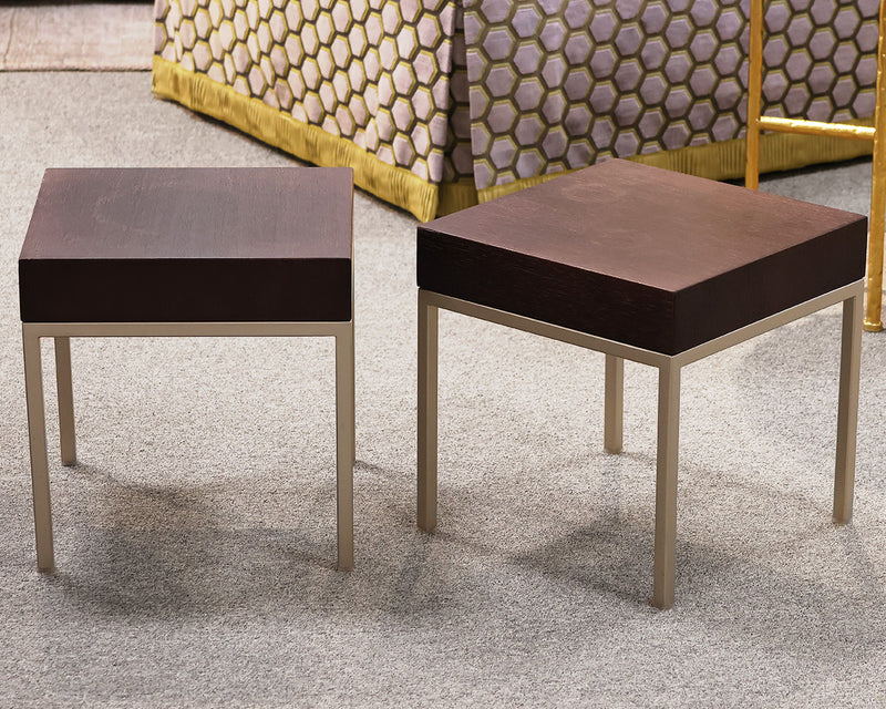 Pair of B&B MaxAlto side tables. Dark walnut finish on brushed silver legs