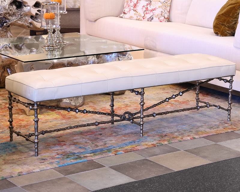 Off White Tufted Leather Bench w/ Decorative Iron Base