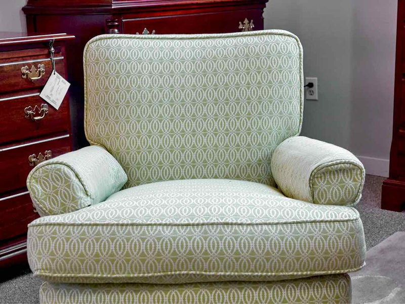 Club Chair with Skirt in Chartreuse & Ivory Double Circle Pattern Upholstery