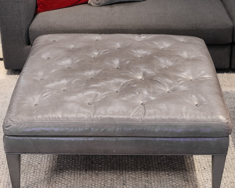 Lee Industries Square Tufted Ottoman in Grey Leather. Washed Grey Stain  Legs.