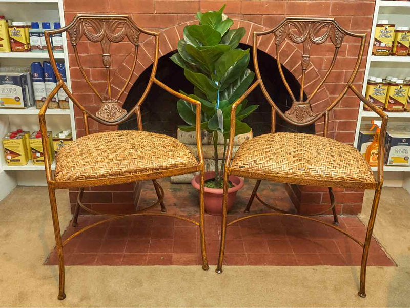 Pair Of Metal & Rattan Seat Dining Chairs