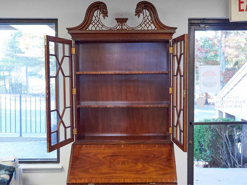 Inlaid Mahogany Carved Secretary Desk with Brass Pulls