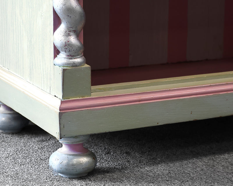 Chartreuse Green & Pink Finish  Bookcase with Silver Rolled Columns