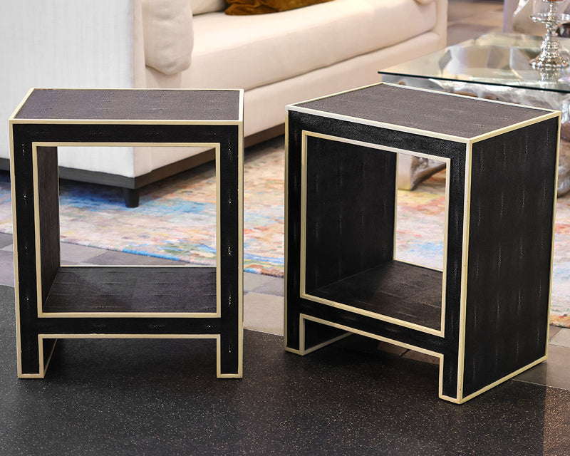 Pair of Dwell Home Precedent Faux Shagreen Side Tables in Black with Ivory Trim