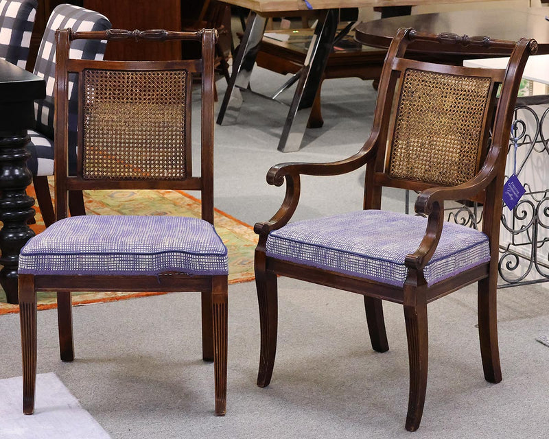 Set of 4 Walnut Finish Cain  Rolled Back Dining Chairs with Upholstered Seats