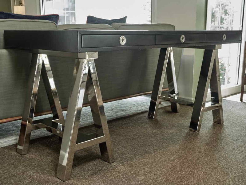 Williams Sonoma Home  Black Laminate 3 Drawer Desk On Chrome Sawhorse Legs